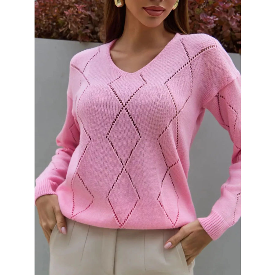 Openwork V-Neck Sweater Blush Pink / S Apparel and Accessories