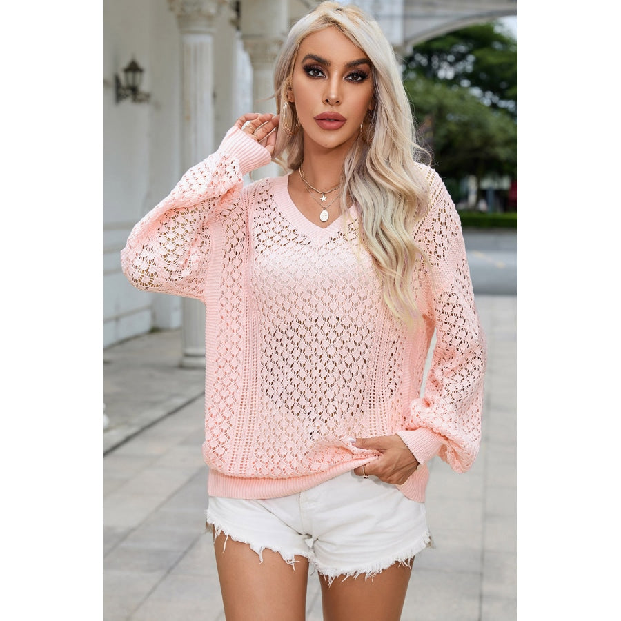 Openwork V-Neck Sweater Blush Pink / S