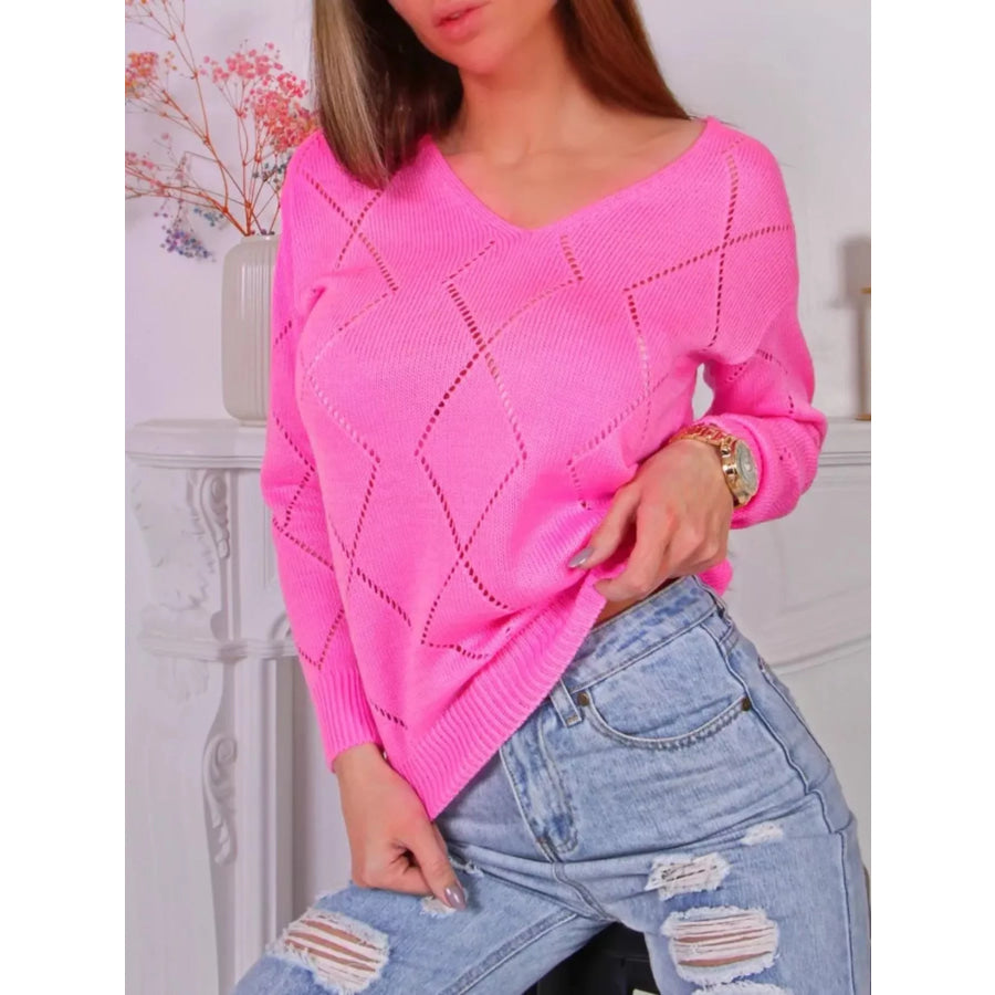 Openwork V-Neck Sweater Fuchsia Pink / S Apparel and Accessories