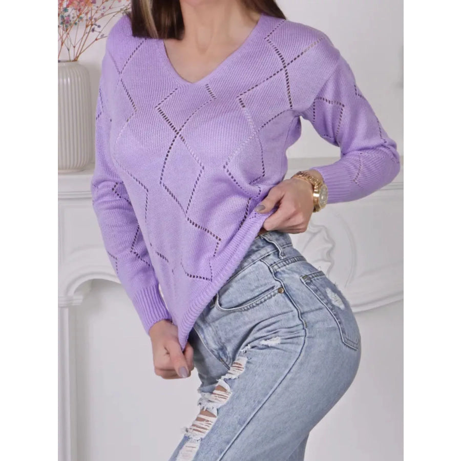 Openwork V-Neck Sweater Lavender / S Apparel and Accessories