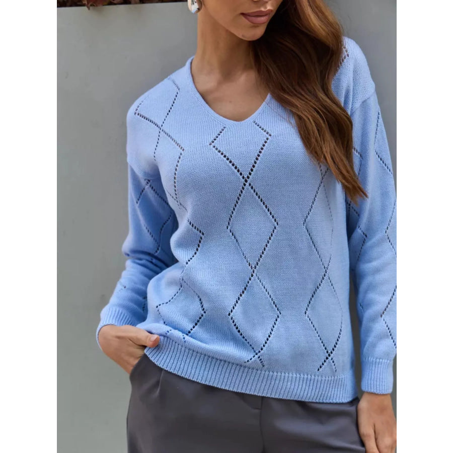 Openwork V-Neck Sweater Light Blue / S Apparel and Accessories