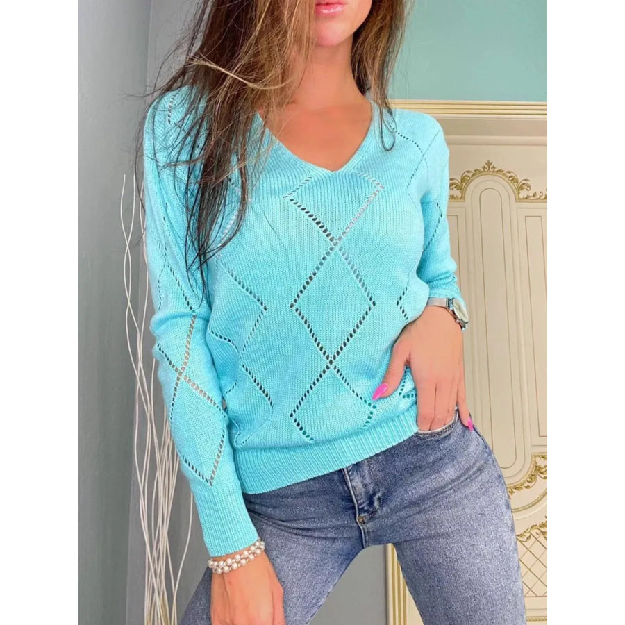 Openwork V-Neck Sweater Tiffany Blue / S Apparel and Accessories