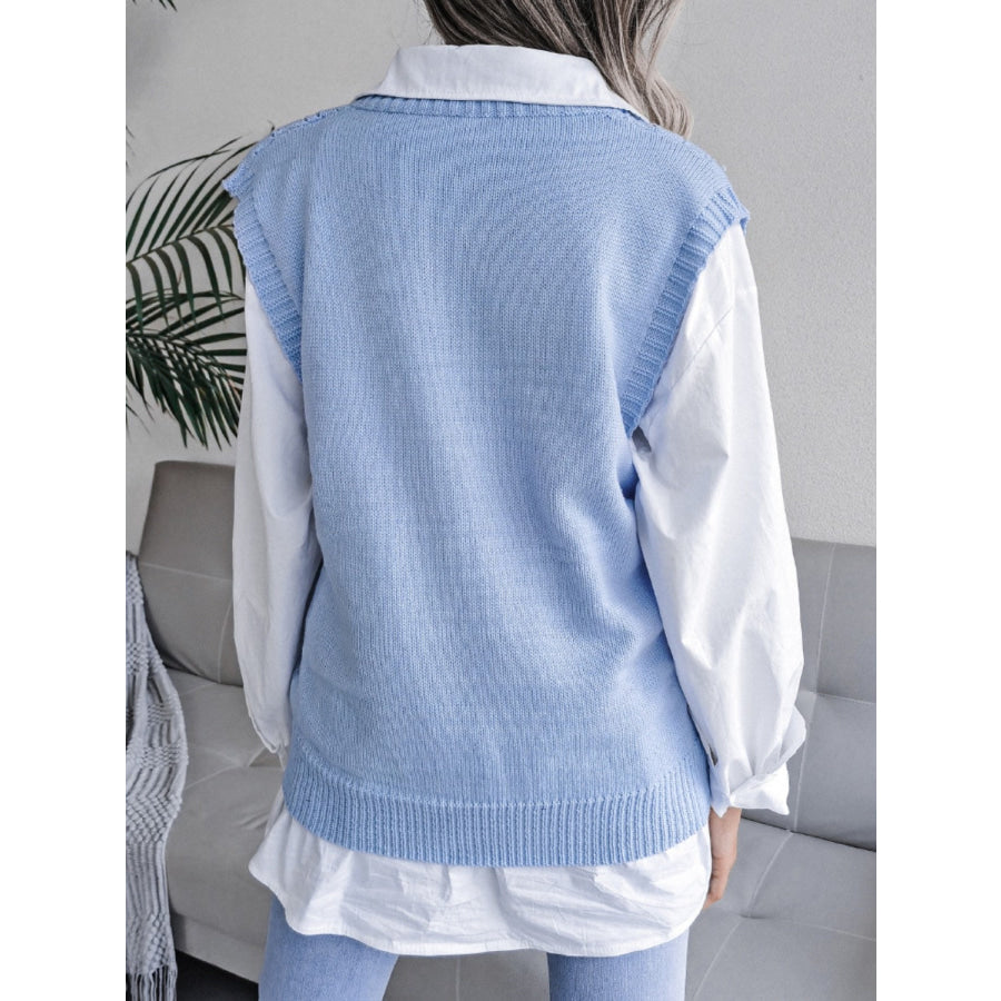 Openwork V-Neck Sweater Vest Light Blue / S Apparel and Accessories