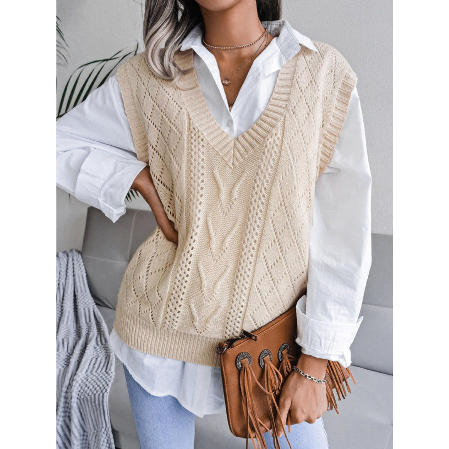 Openwork V-Neck Sweater Vest Cream / S Apparel and Accessories