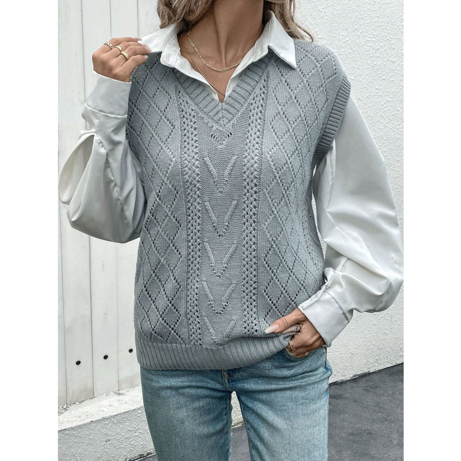 Openwork V-Neck Sweater Vest Gray / S Apparel and Accessories