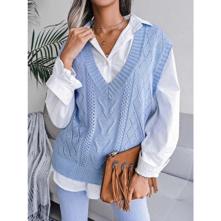 Openwork V-Neck Sweater Vest Light Blue / S Apparel and Accessories