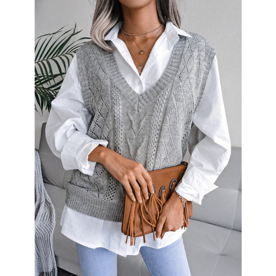 Openwork V-Neck Sweater Vest Light Gray / S Apparel and Accessories