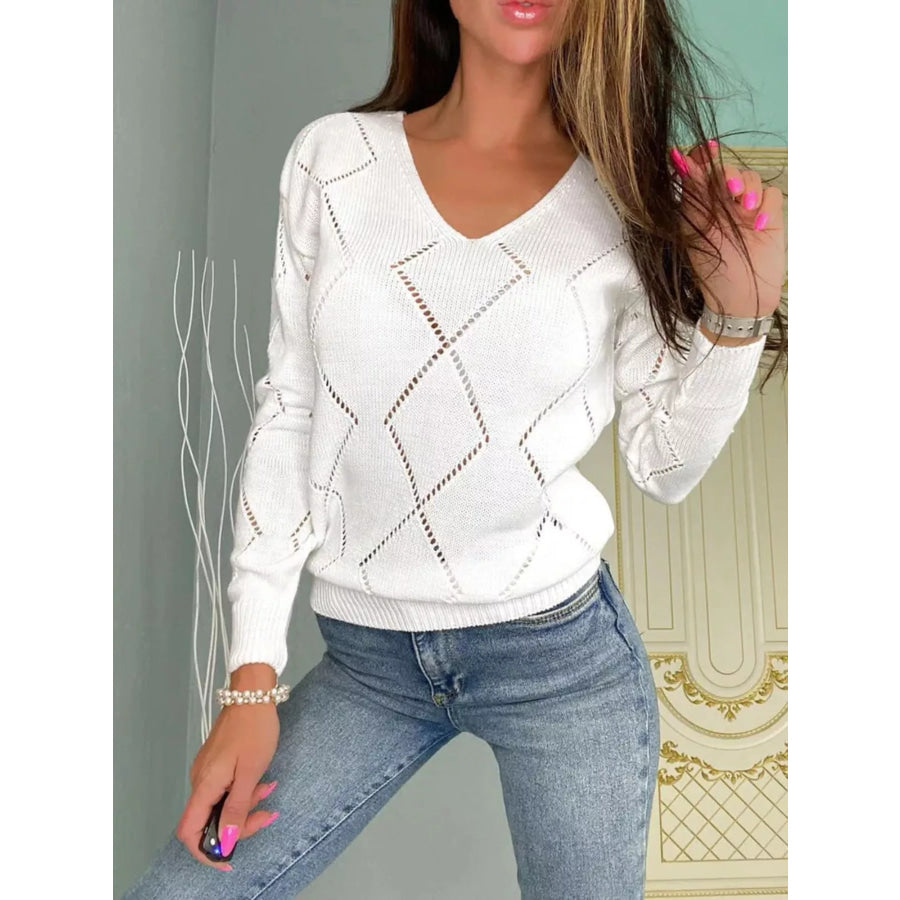 Openwork V-Neck Sweater White / S Apparel and Accessories