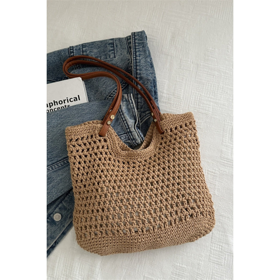 Openwork Woven Tote Bag Camel / One Size Apparel and Accessories