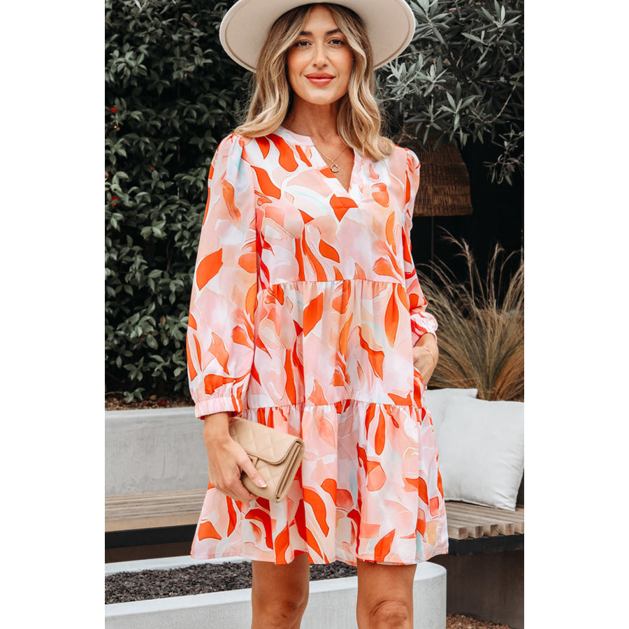 Orange Abstract Print Split Neck Long Sleeve Dress Dresses/Mini Dresses