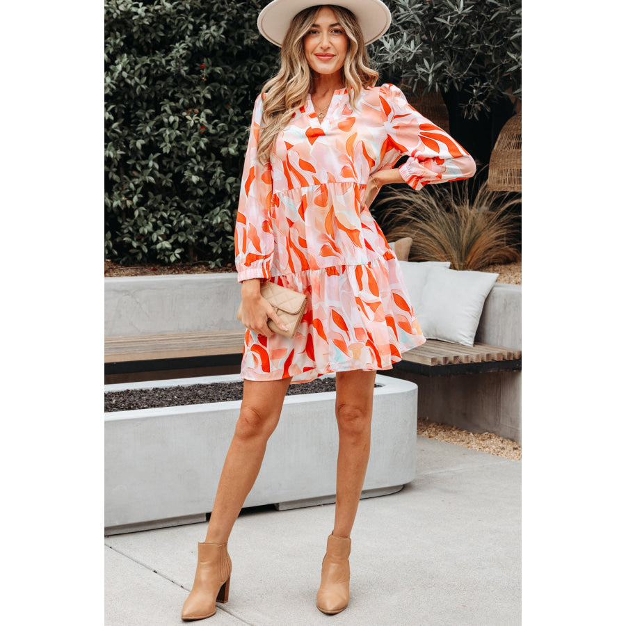 Orange Abstract Print Split Neck Long Sleeve Dress Dresses/Mini Dresses