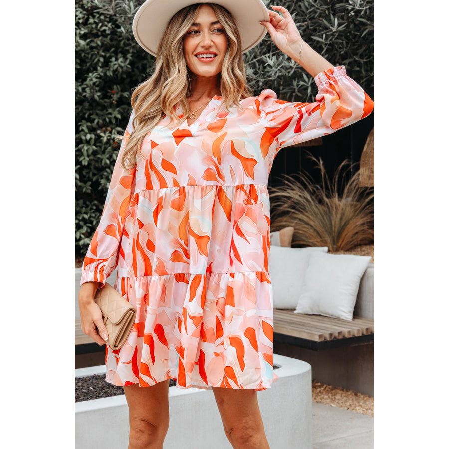 Orange Abstract Print Split Neck Long Sleeve Dress Dresses/Mini Dresses