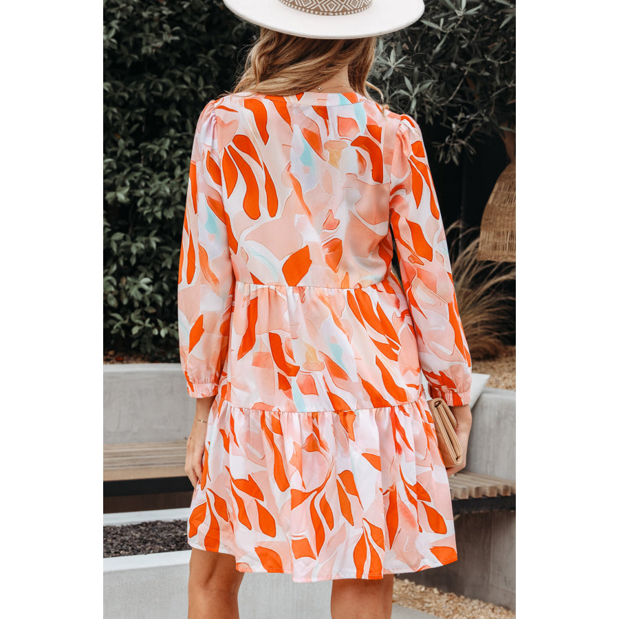 Orange Abstract Print Split Neck Long Sleeve Dress Dresses/Mini Dresses