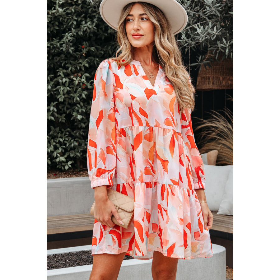 Orange Abstract Print Split Neck Long Sleeve Dress Dresses/Mini Dresses