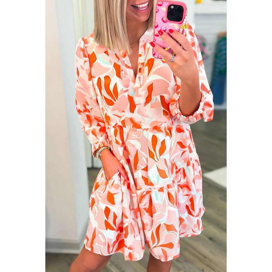 Orange Abstract Print Split Neck Long Sleeve Dress Dresses/Mini Dresses