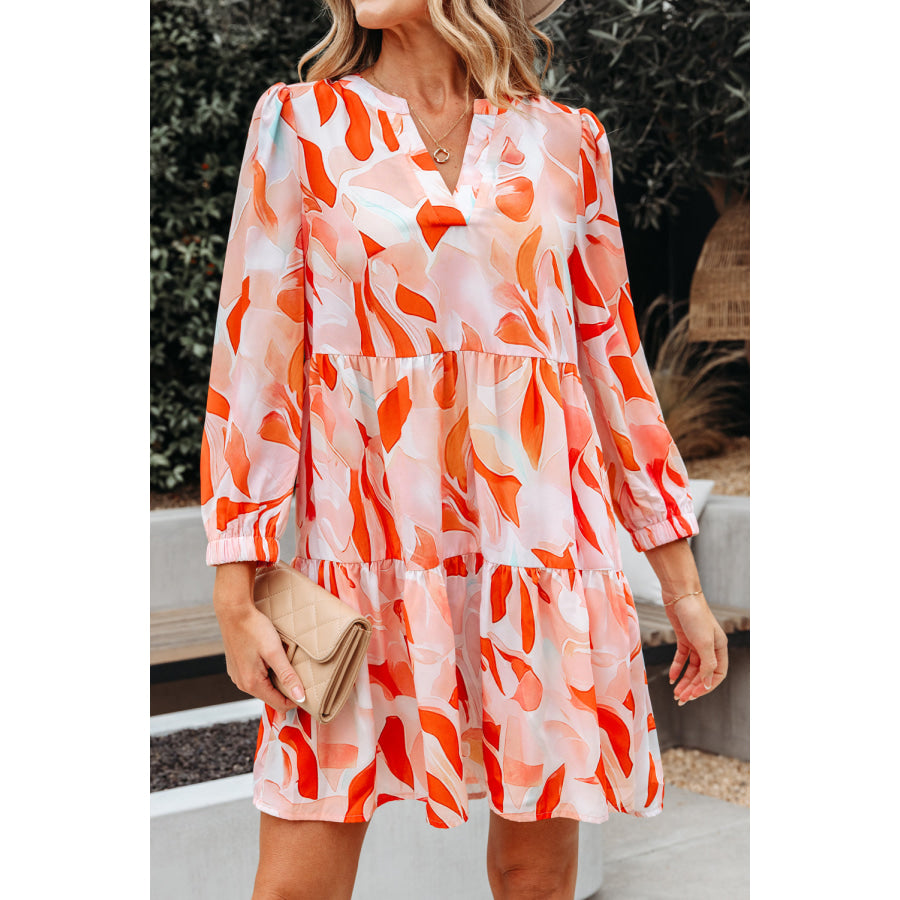 Orange Abstract Print Split Neck Long Sleeve Dress Dresses/Mini Dresses