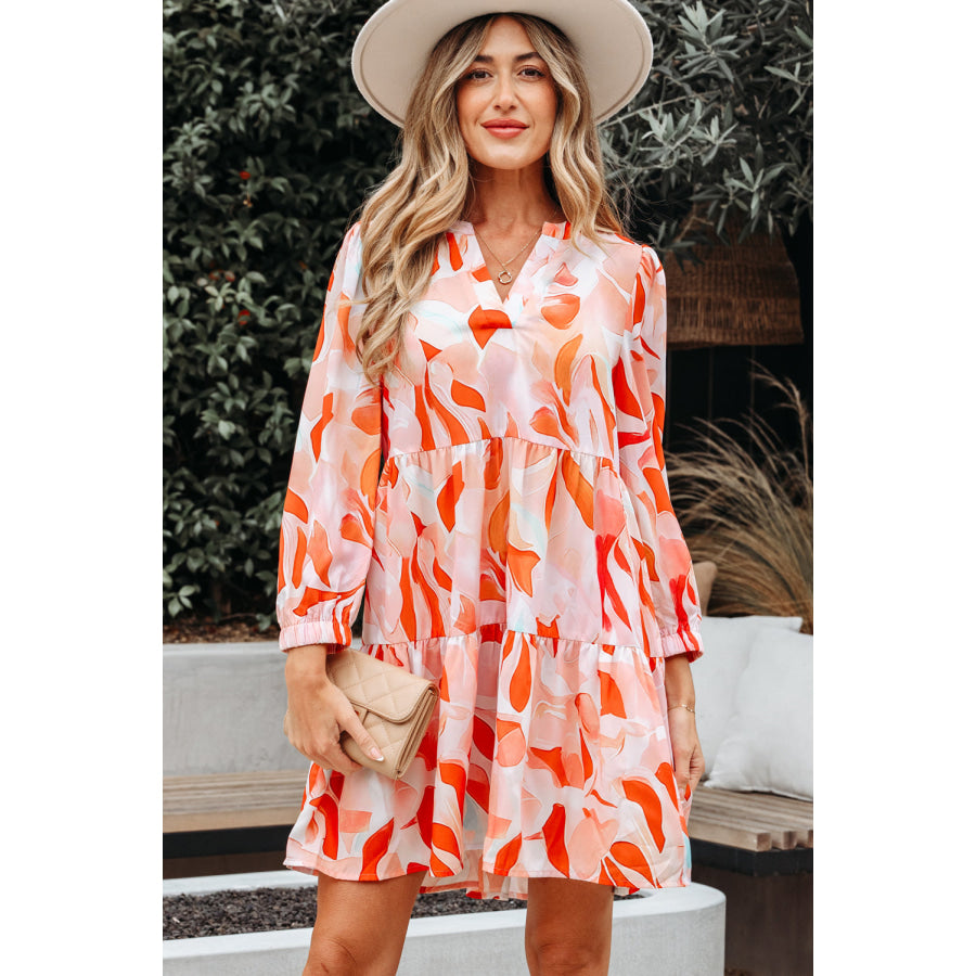 Orange Abstract Print Split Neck Long Sleeve Dress Orange / S / 100% Polyester Dresses/Mini Dresses