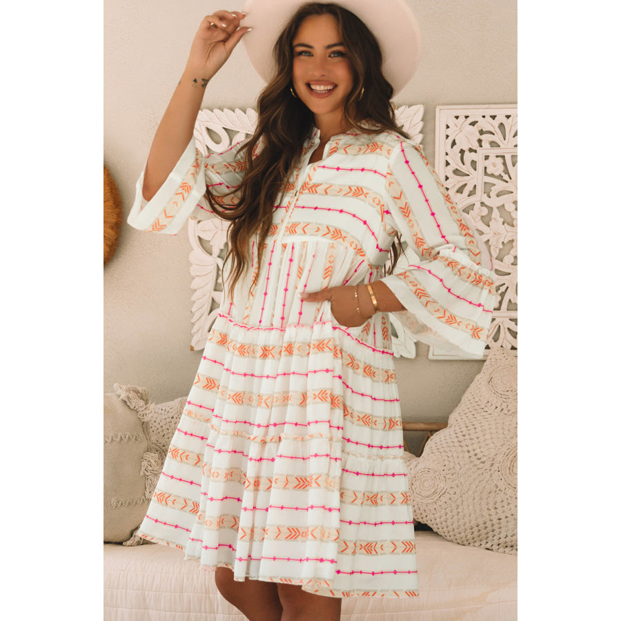 Orange Bohemian Printed Bracelet Sleeve Slit Neck Ruffled Loose Dress Dresses/Mini Dresses