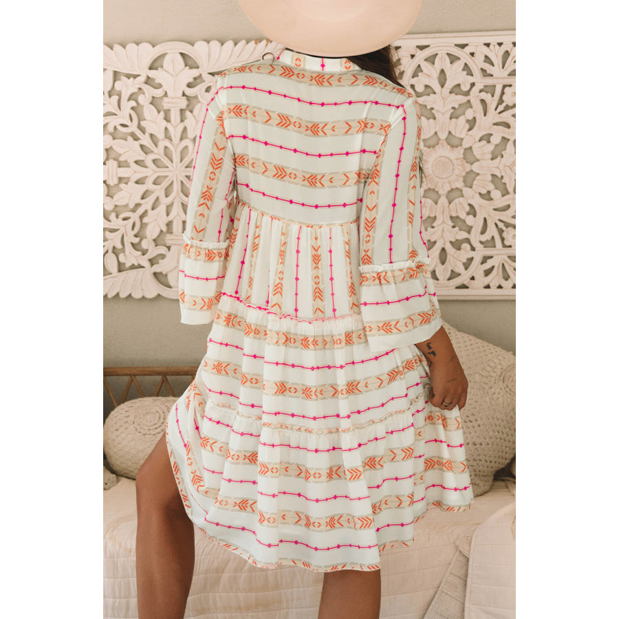 Orange Bohemian Printed Bracelet Sleeve Slit Neck Ruffled Loose Dress Dresses/Mini Dresses