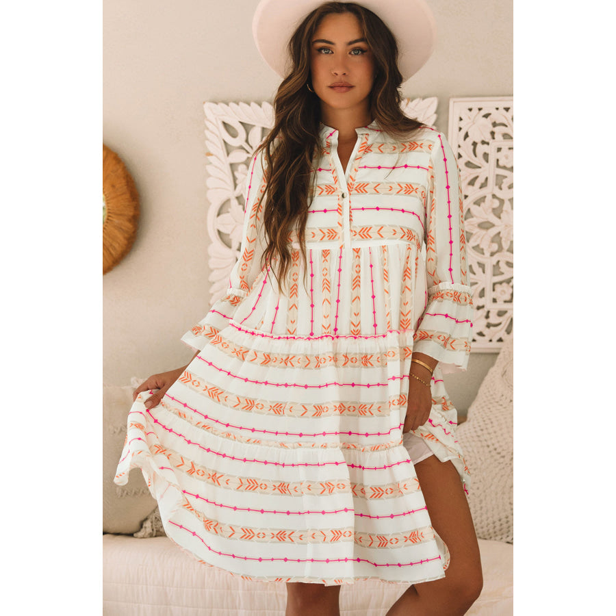 Orange Bohemian Printed Bracelet Sleeve Slit Neck Ruffled Loose Dress Dresses/Mini Dresses