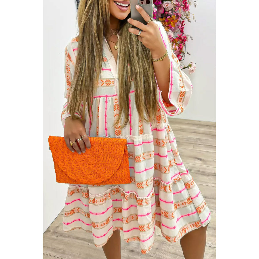 Orange Bohemian Printed Bracelet Sleeve Slit Neck Ruffled Loose Dress Dresses/Mini Dresses