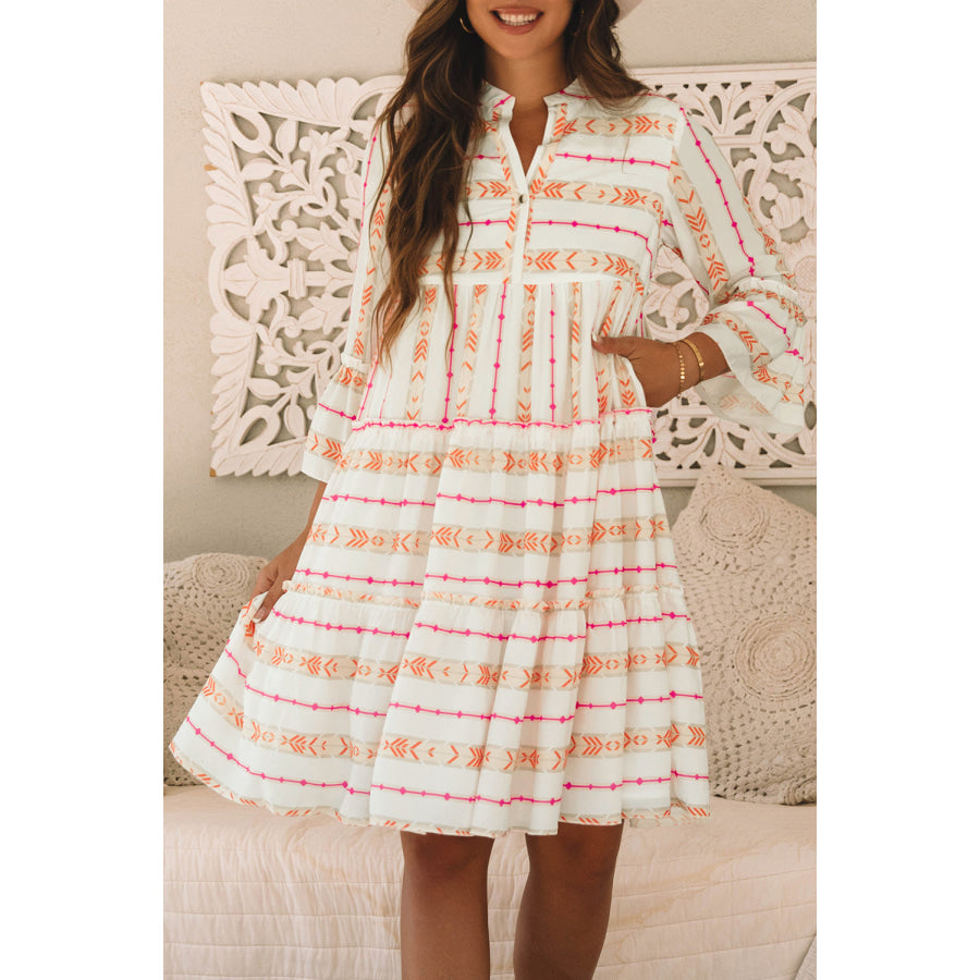Orange Bohemian Printed Bracelet Sleeve Slit Neck Ruffled Loose Dress Dresses/Mini Dresses