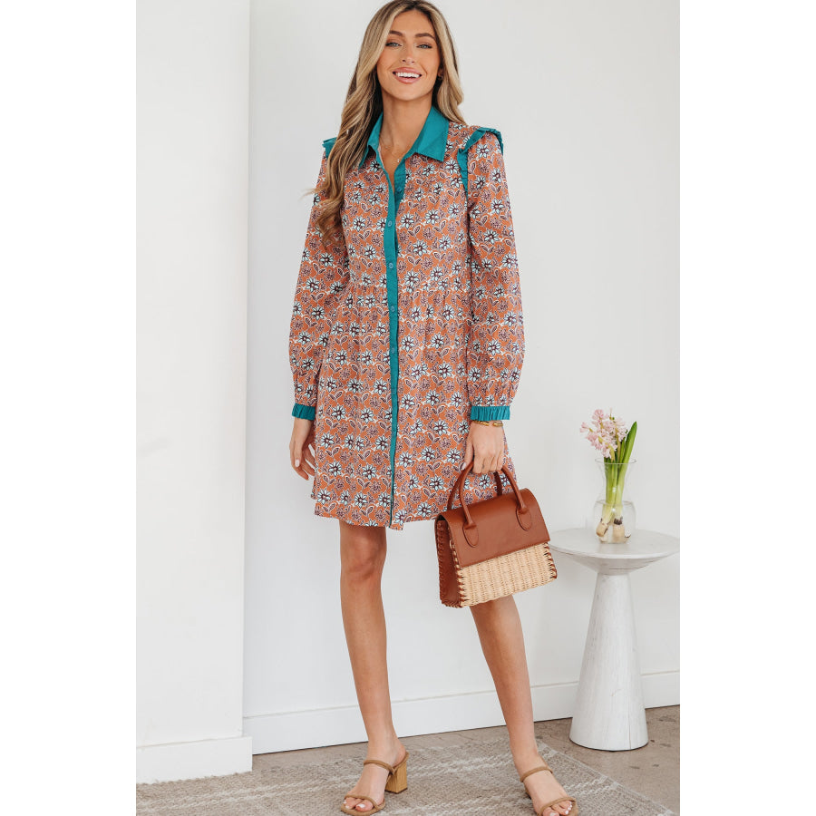 Orange Boho Floral Contrast Collared Shirt Mini Dress Dresses/Floral Dresses
