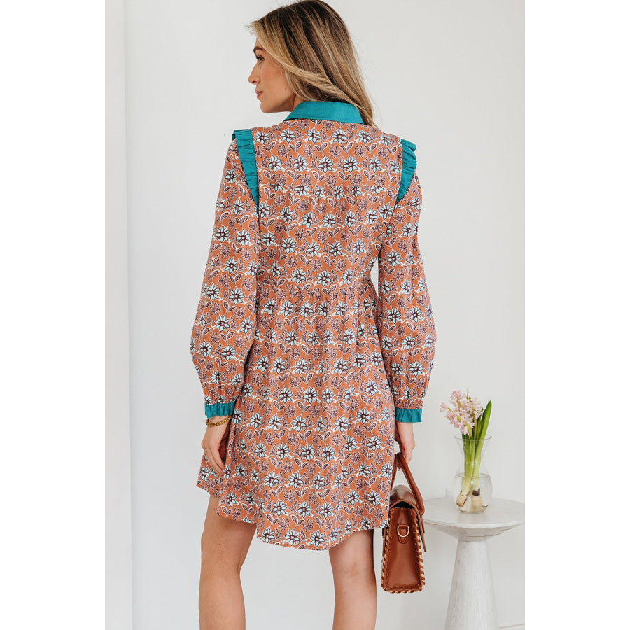 Orange Boho Floral Contrast Collared Shirt Mini Dress Dresses/Floral Dresses