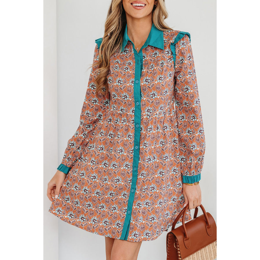 Orange Boho Floral Contrast Collared Shirt Mini Dress Dresses/Floral Dresses