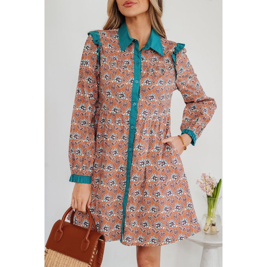 Orange Boho Floral Contrast Collared Shirt Mini Dress Dresses/Floral Dresses