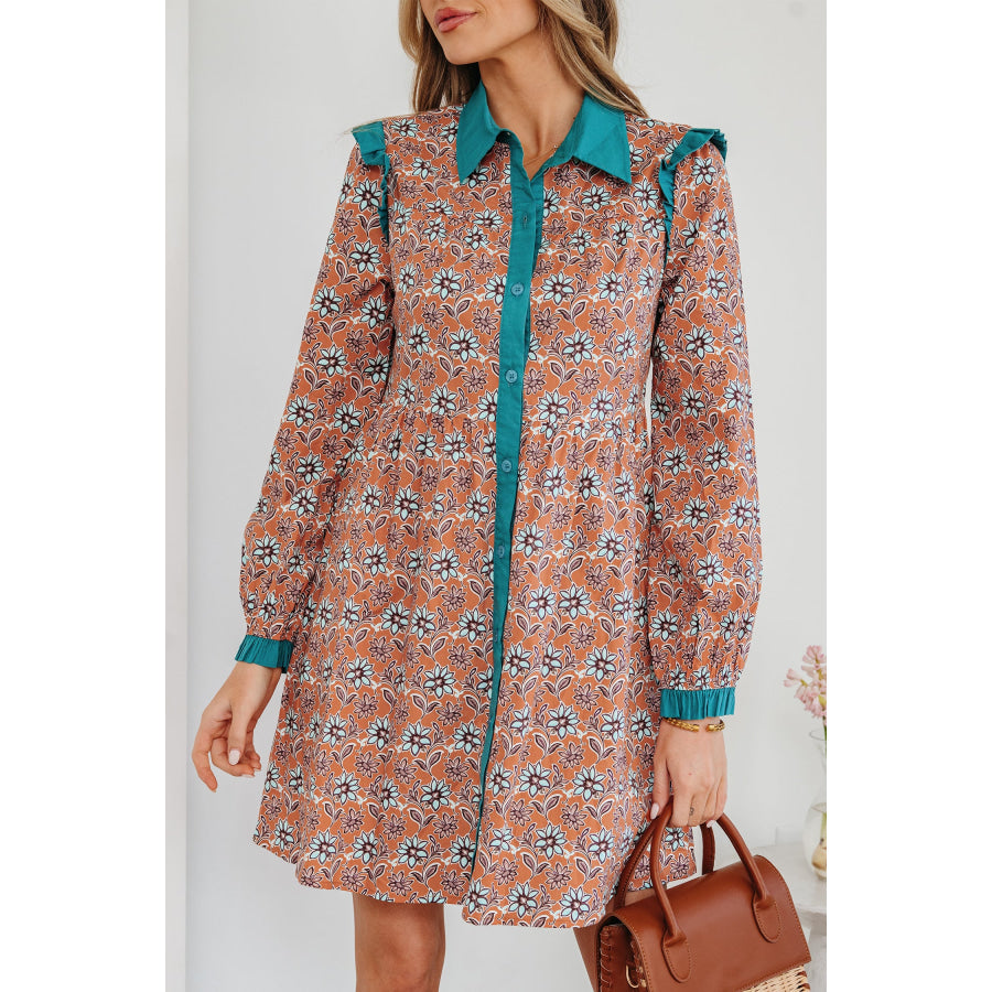 Orange Boho Floral Contrast Collared Shirt Mini Dress Dresses/Floral Dresses