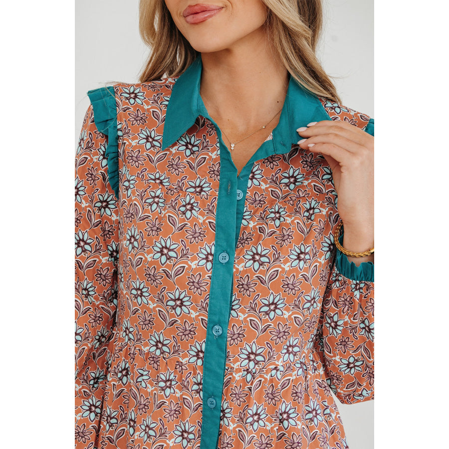 Orange Boho Floral Contrast Collared Shirt Mini Dress Dresses/Floral Dresses