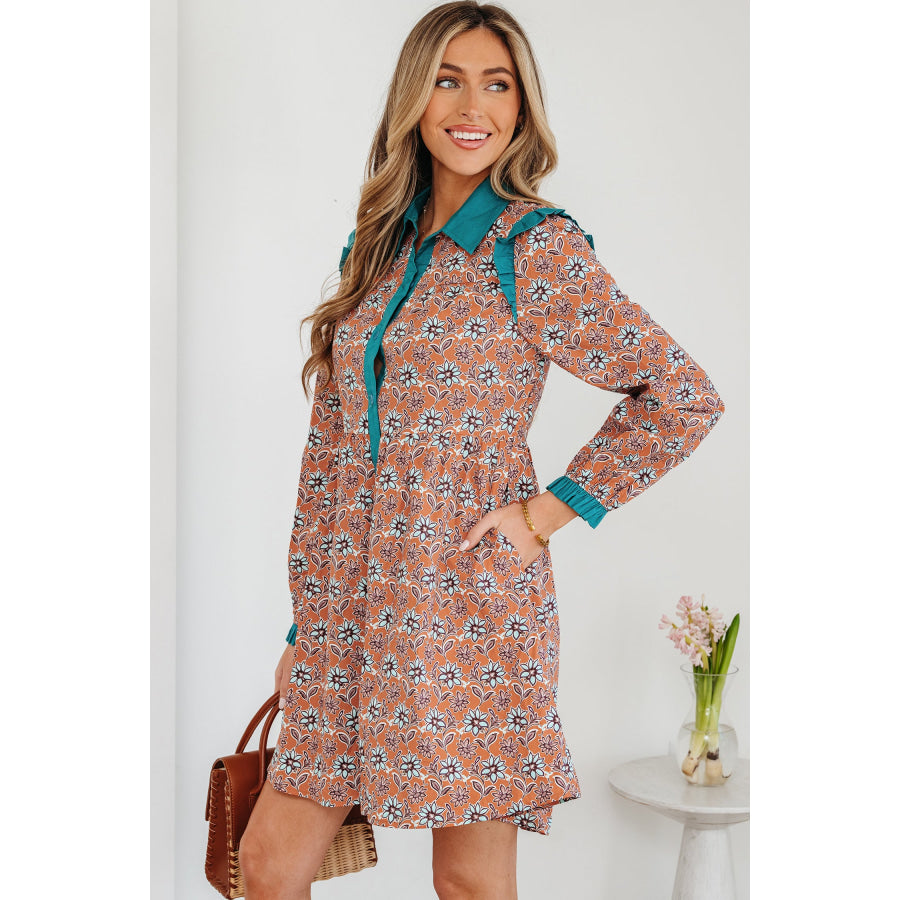 Orange Boho Floral Contrast Collared Shirt Mini Dress Dresses/Floral Dresses