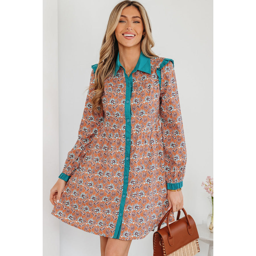 Orange Boho Floral Contrast Collared Shirt Mini Dress Orange / S / 100% Cotton Dresses/Floral Dresses