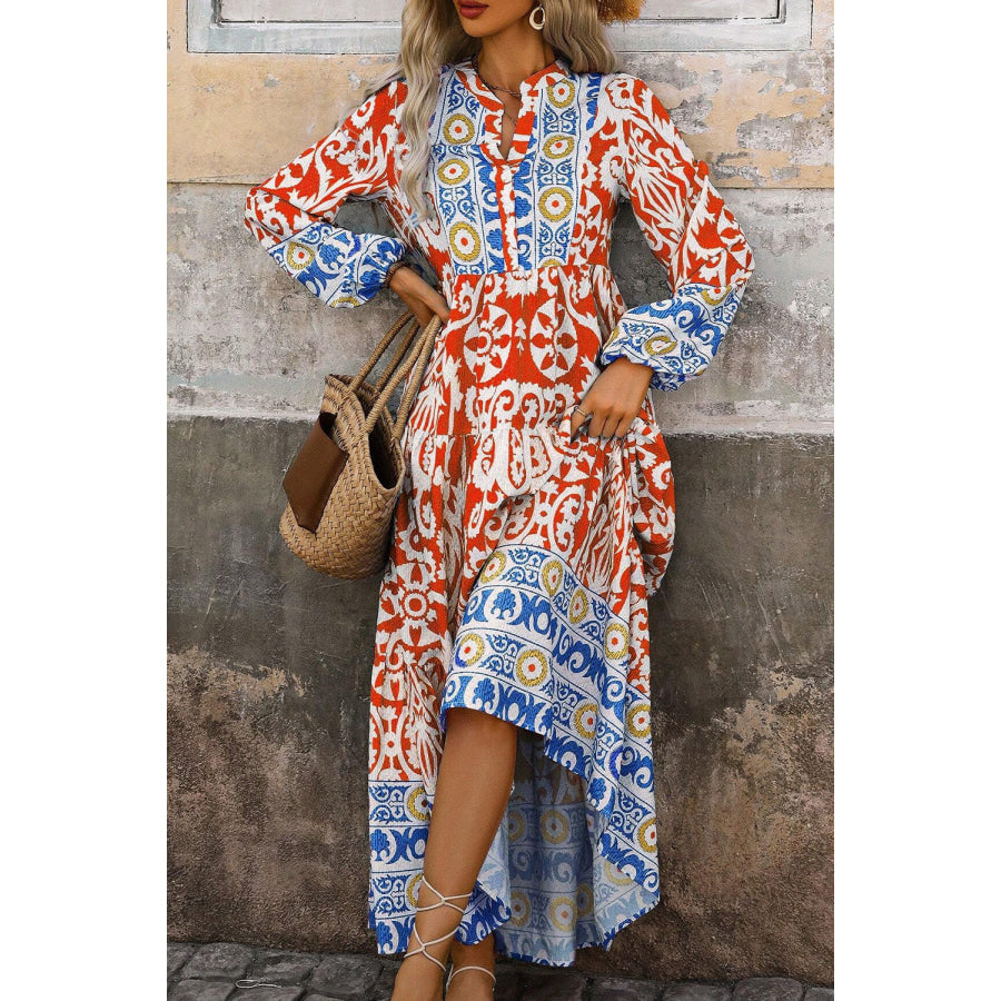 Orange Boho Geometric Printed Long Sleeve Maxi Dress Dresses/Maxi Dresses