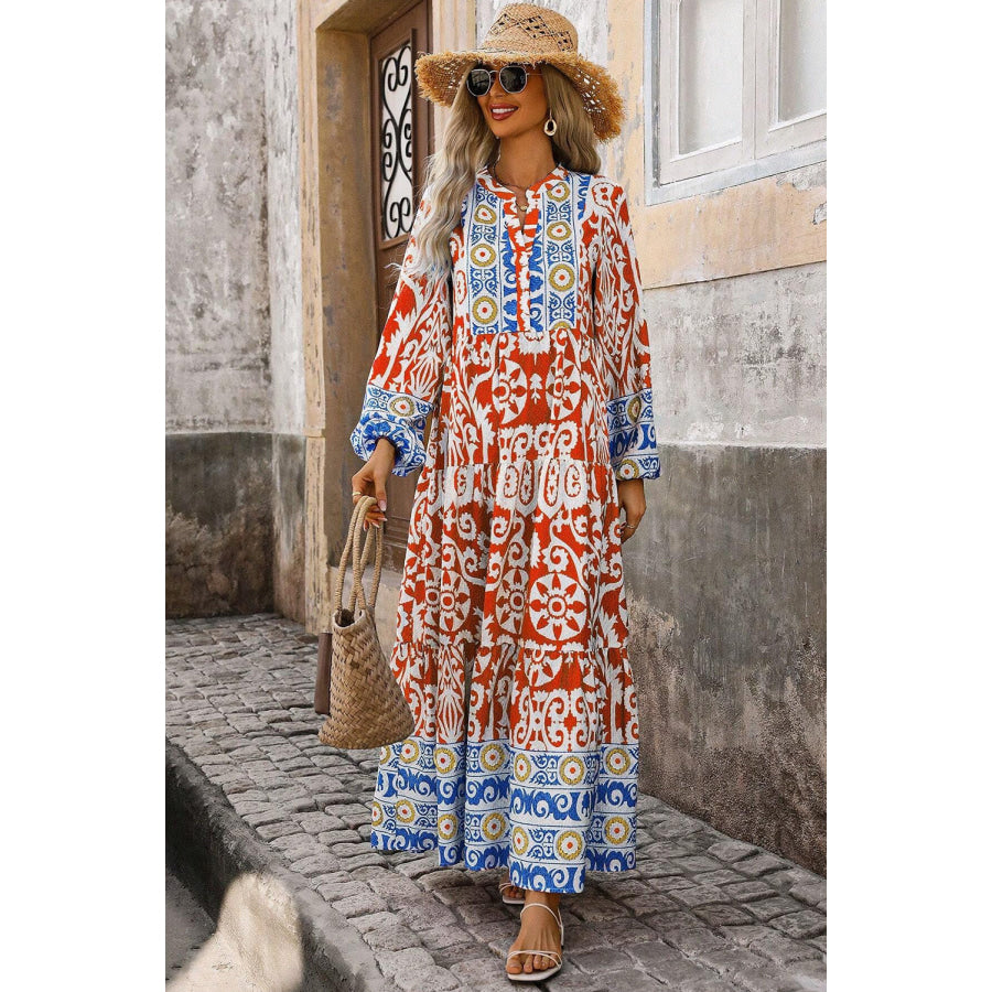 Orange Boho Geometric Printed Long Sleeve Maxi Dress Dresses/Maxi Dresses