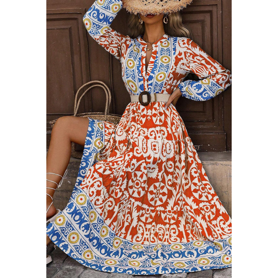 Orange Boho Geometric Printed Long Sleeve Maxi Dress Dresses/Maxi Dresses