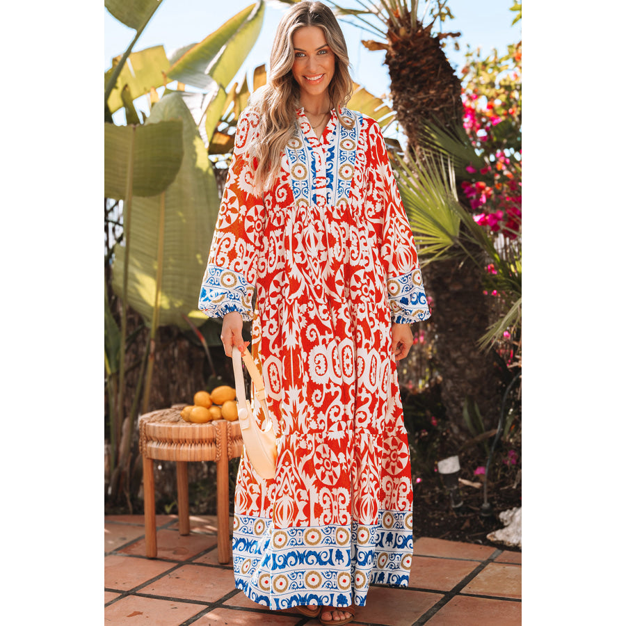 Orange Boho Geometric Printed Long Sleeve Maxi Dress Dresses/Maxi Dresses