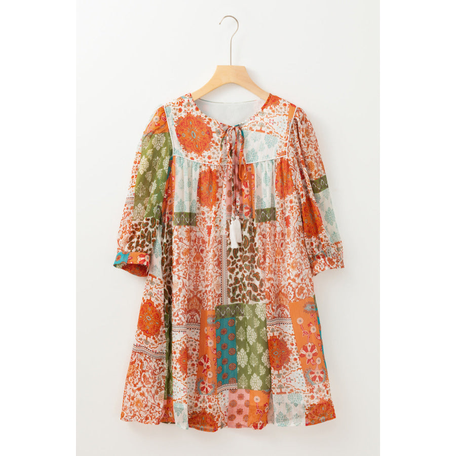 Orange Boho Paisley Mixed Print 3/4 Sleeve Chiffon Loose Dress Dresses/Mini Dresses