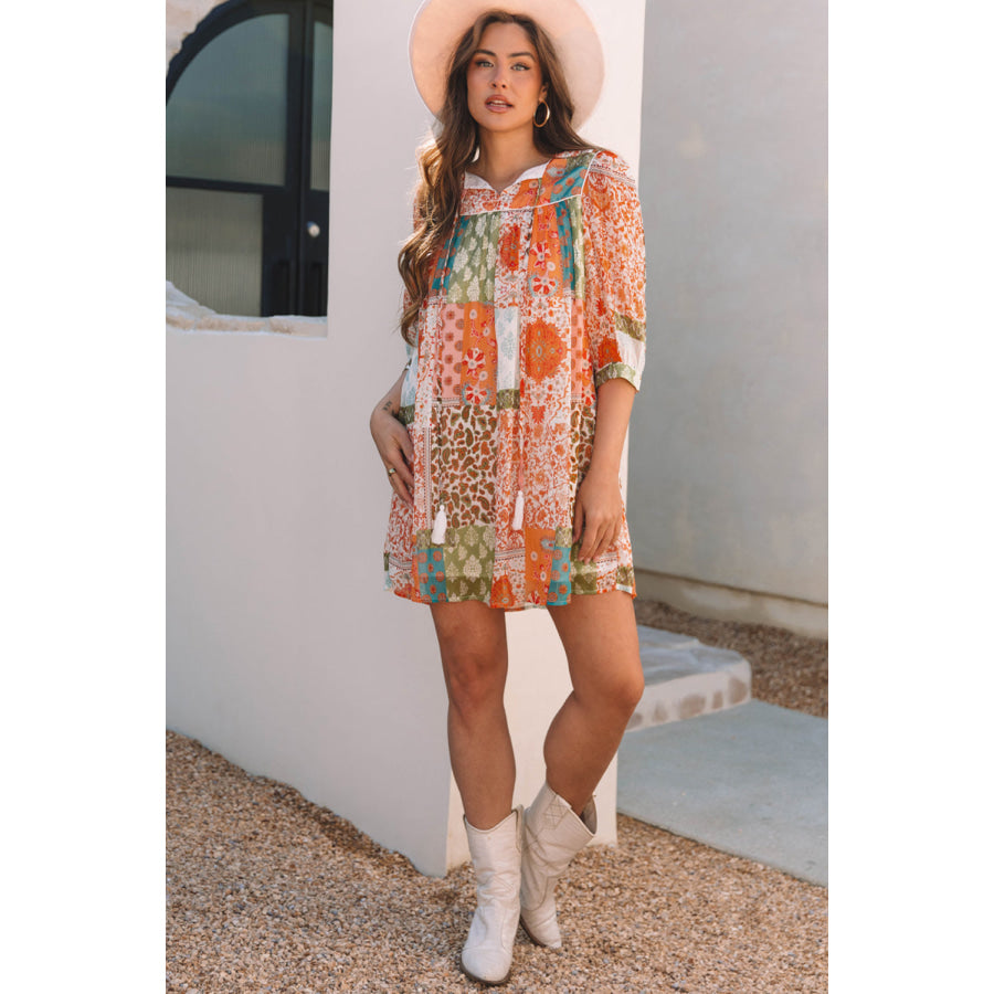 Orange Boho Paisley Mixed Print 3/4 Sleeve Chiffon Loose Dress Dresses/Mini Dresses
