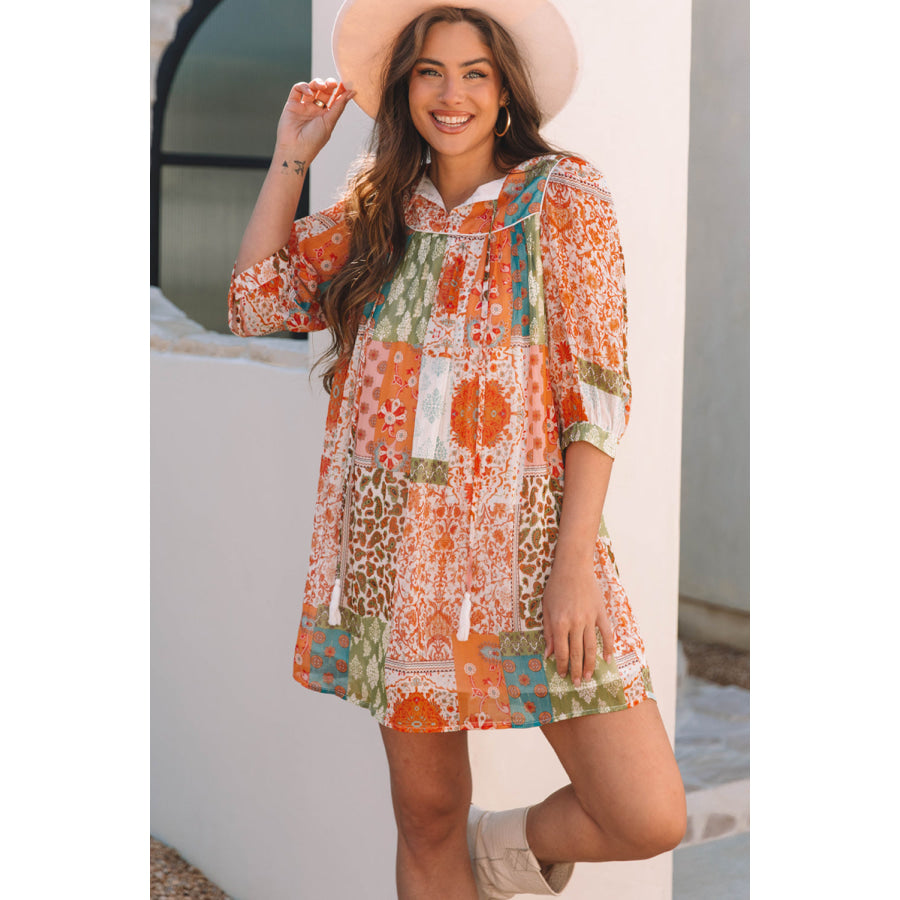 Orange Boho Paisley Mixed Print 3/4 Sleeve Chiffon Loose Dress Orange / S / 100% Polyester Dresses/Mini Dresses