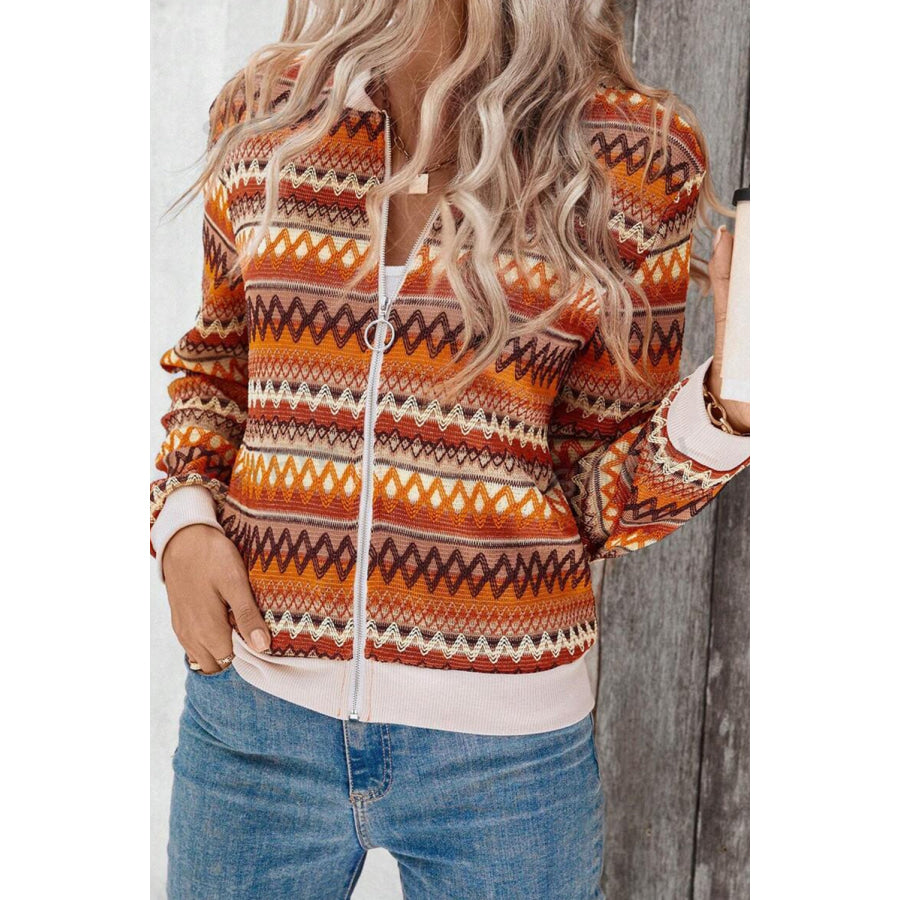 Orange Boho Striped Zip Up Long Sleeve Jacket Orange / S / 95% Polyester + 5% Elastane Outerwear/Jackets