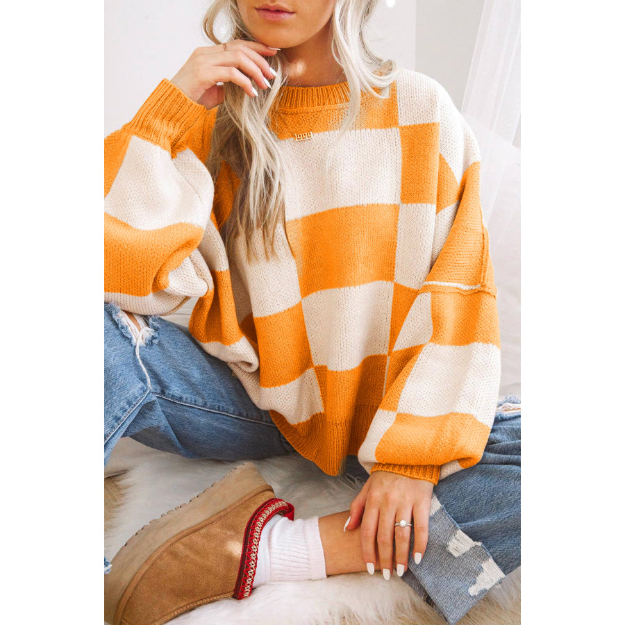 Orange Checkered Bishop Sleeve Sweater Grapefruit Orange / S / 100% Acrylic Sweaters & Cardigans/Sweaters