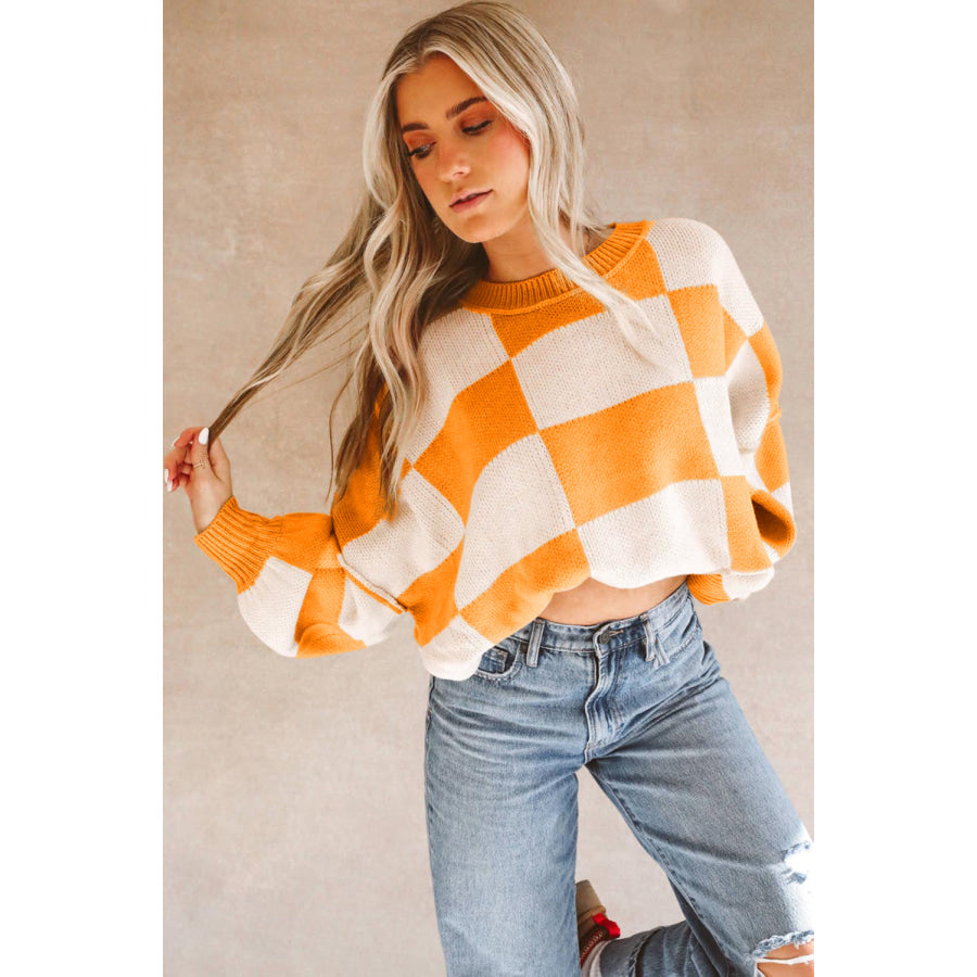 Orange Checkered Bishop Sleeve Sweater Sweaters & Cardigans/Sweaters