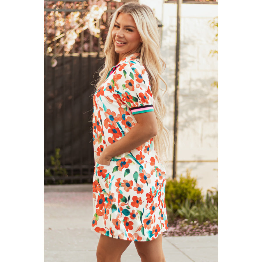 Orange Contrast Trim Floral Split Neck Puff Short Sleeve Tiered Mini Dress Dresses/Floral Dresses