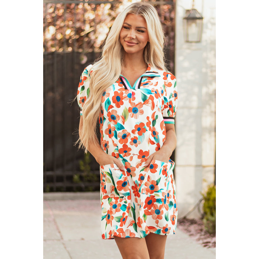 Orange Contrast Trim Floral Split Neck Puff Short Sleeve Tiered Mini Dress Dresses/Floral Dresses