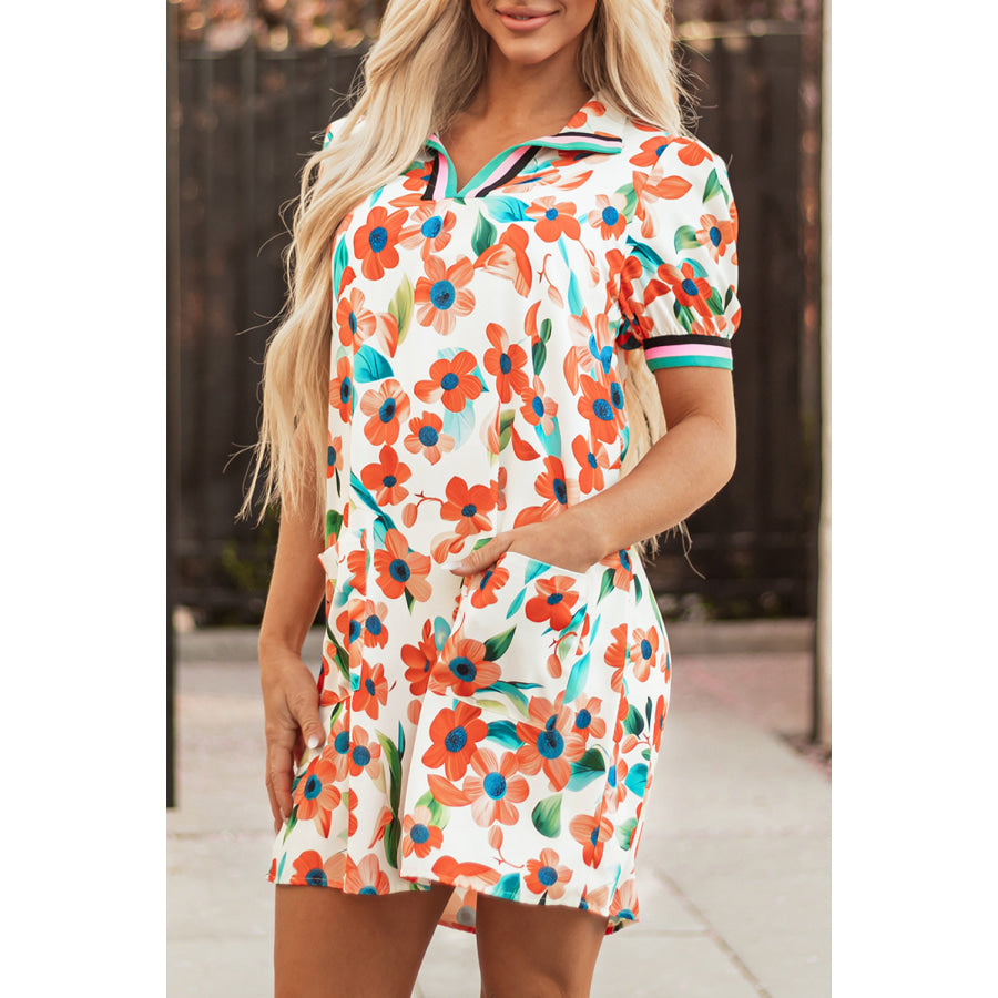 Orange Contrast Trim Floral Split Neck Puff Short Sleeve Tiered Mini Dress Dresses/Floral Dresses