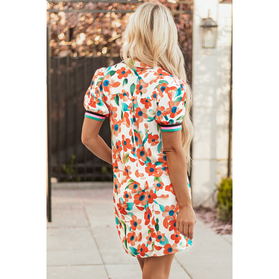 Orange Contrast Trim Floral Split Neck Puff Short Sleeve Tiered Mini Dress Dresses/Floral Dresses