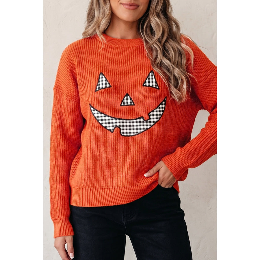 Orange Drop Shoulder Long Sleeve Round Neck Halloween Sweater Orange / S / 52% Viscose + 26% Polyester + 22% Polyamide Sweaters &