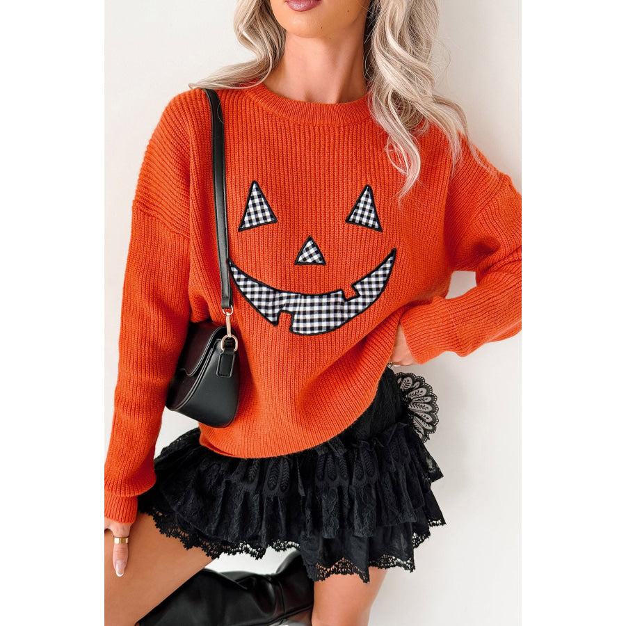 Orange Drop Shoulder Long Sleeve Round Neck Halloween Sweater Sweaters & Cardigans/Sweaters